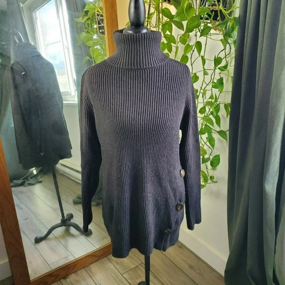 ZARA | Long Sleeve Turtleneck Buttoned Ribbed Black Sweater Dress (Size S) - Picture 2 of 11